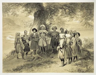 Bijeenkomst van Tsjerkessische prinsen, Sodja-vallei, aan de Zwarte Zee, plaat 3 uit een boek over de Kaukasus, gegraveerd door Adolphe Mouilleron (1820-81), uitgegeven door Alfred Léon Lemercier, Parijs, 1847